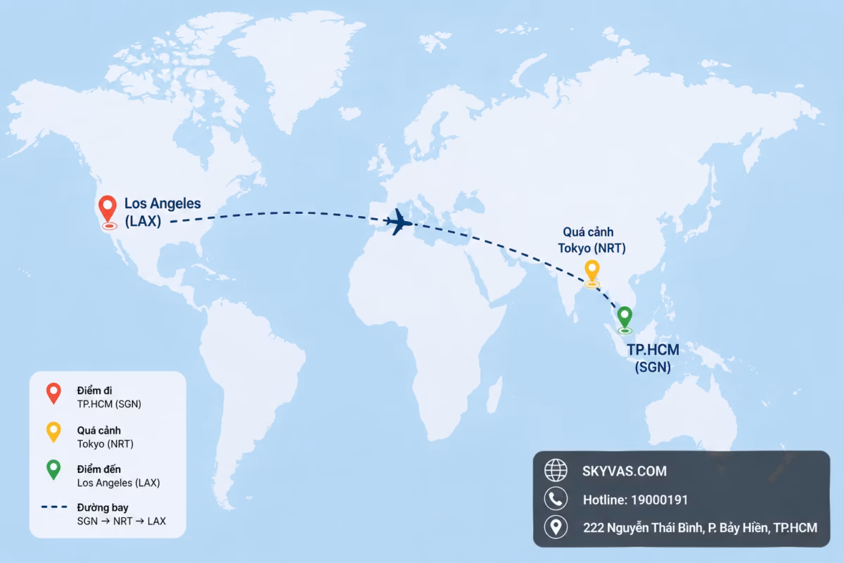 Hành trình bay Sài Gòn đi Los Angeles quá cảnh tại Đài Bắc, Seoul, Tokyo