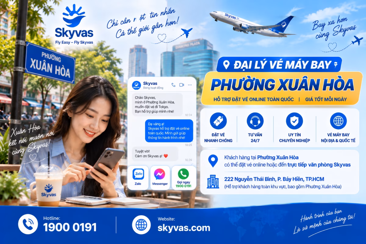 Đặt vé máy bay online phường Xuân Hòa cùng Skyvas