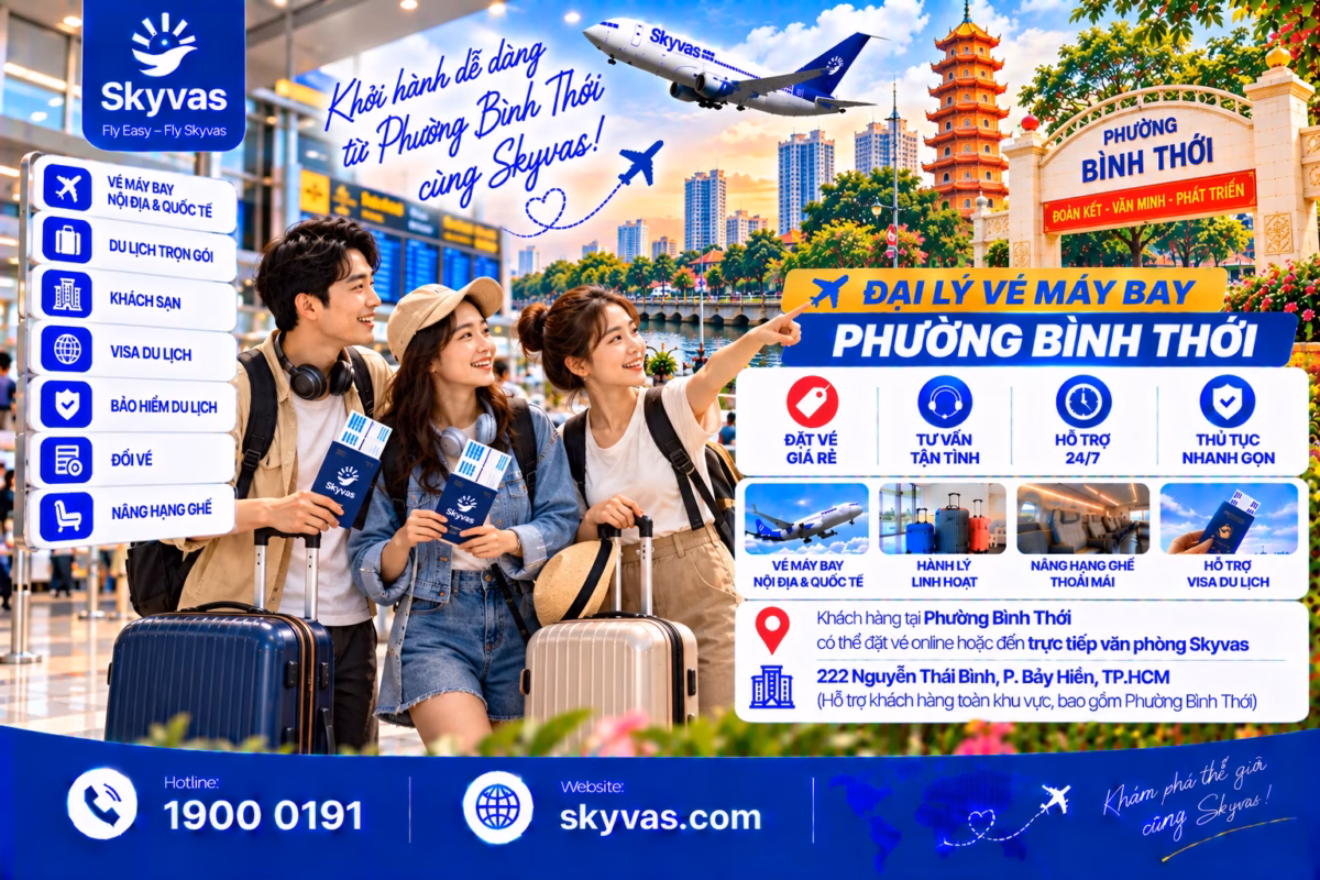 Nhóm bạn trẻ đặt vé máy bay online phường Bình Thới cùng Skyvas