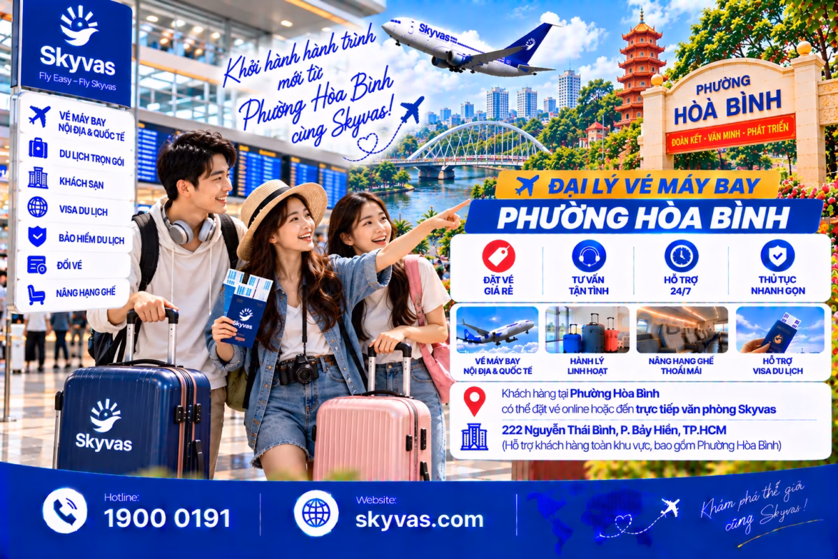 Nhóm khách trẻ đặt vé máy bay online phường Hòa Bình cùng Skyvas