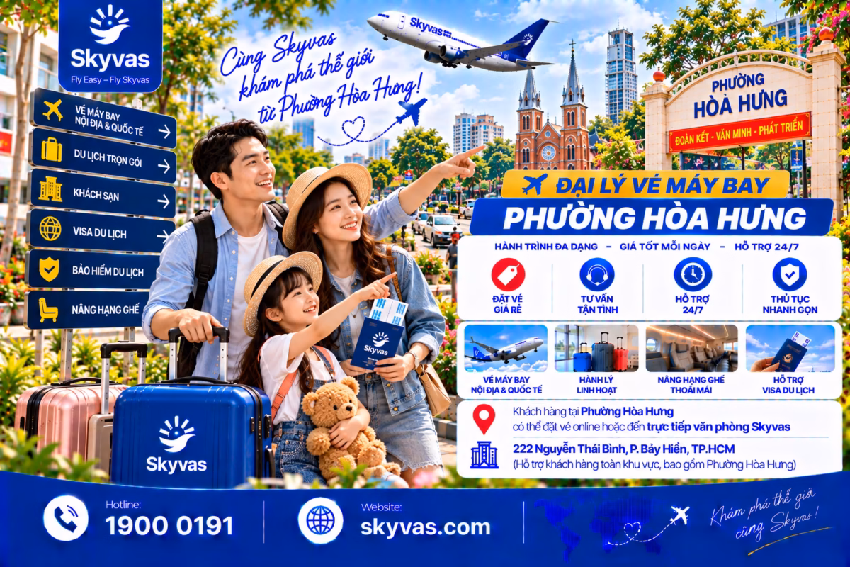 Đặt vé máy bay online phường Hòa Hưng cùng Skyvas